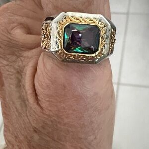 Silver and Gold Ring with Green Gem
